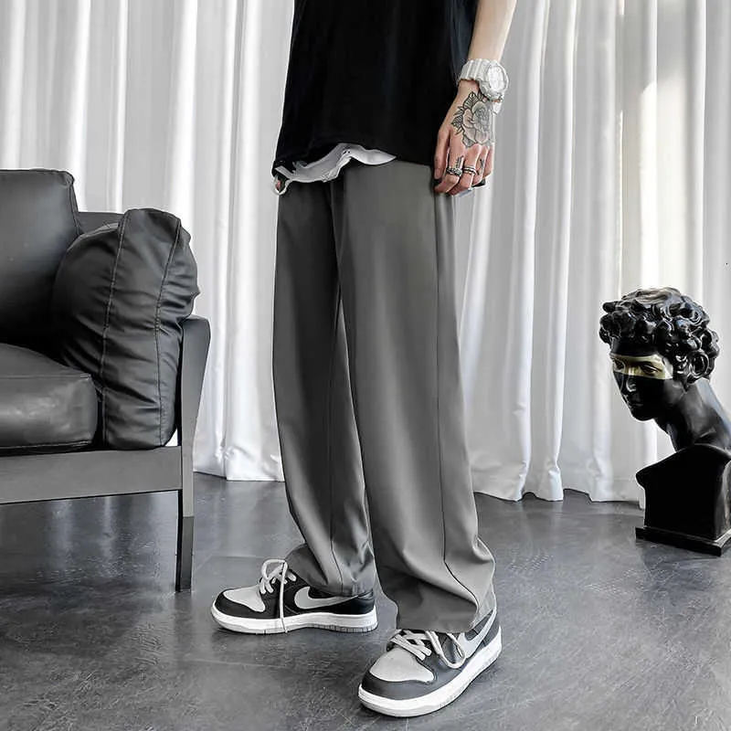 Hybskr Summer Silk Ice Szerokie spodnie do nóg dla mężczyzn Streetwear Solid Color Casual Proste Spodnie Plus Rozmiar Spodnie 210616