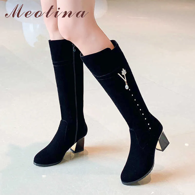 Meotina Autumn Knee High Boots Women Crystal Thick High Heels Long Boots Zipper Round Toe Shoes Lady Winter Black Big Size 33-43 210608