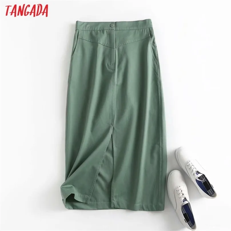 Tangada Mulheres Verde Algodão Midi Saia Faldas Mujer Vintage Zipper Escritório Senhoras elegante Chic Mid Bezerro Saias 4C99 210629