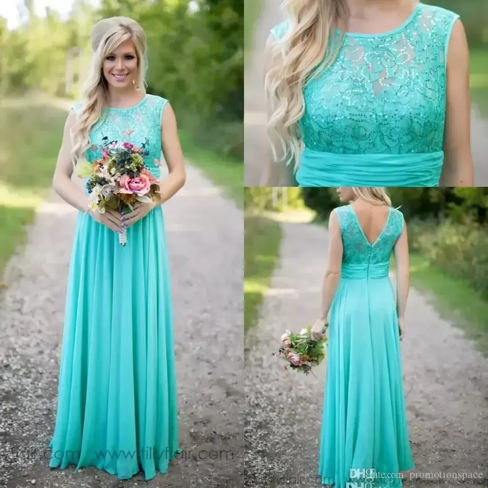 Country Turquoise Mint Bridesmaid Dresses Illusion Neck Lace Pärled Top Chiffon Long Plus Size Maid of Honor Wedding Party Dress