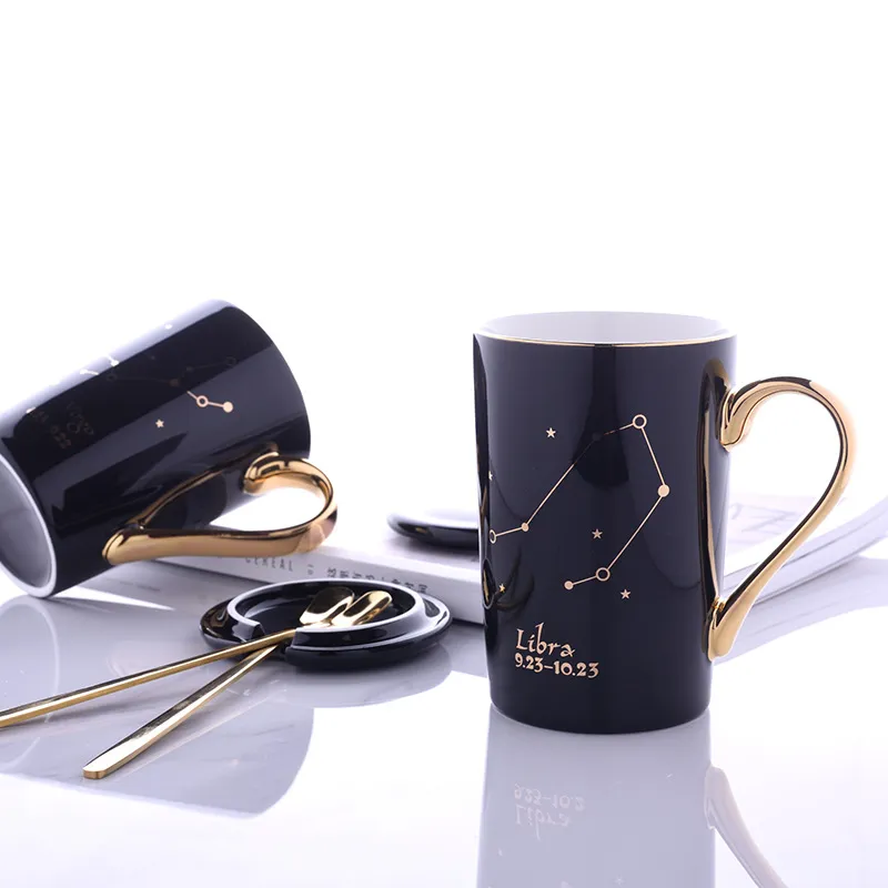 Os Chine Douze Constellation Tasse en céramique Véritable Eau de l'or avec couvercle Cuillère Cadeau Cadeau Coffee Coffee Cuisine Personnalisation