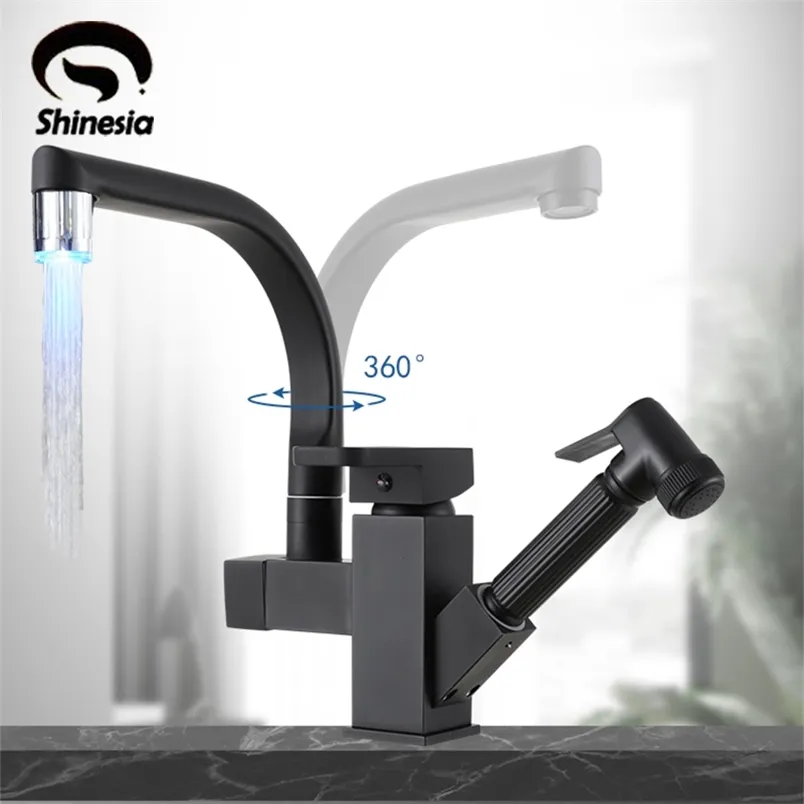 Shinesia Robinet de cuisine Noir mat LED Pulvérisation de bidet et mitigeur d'eau froide Rotation à 360 degrés Grue d'évier 211108