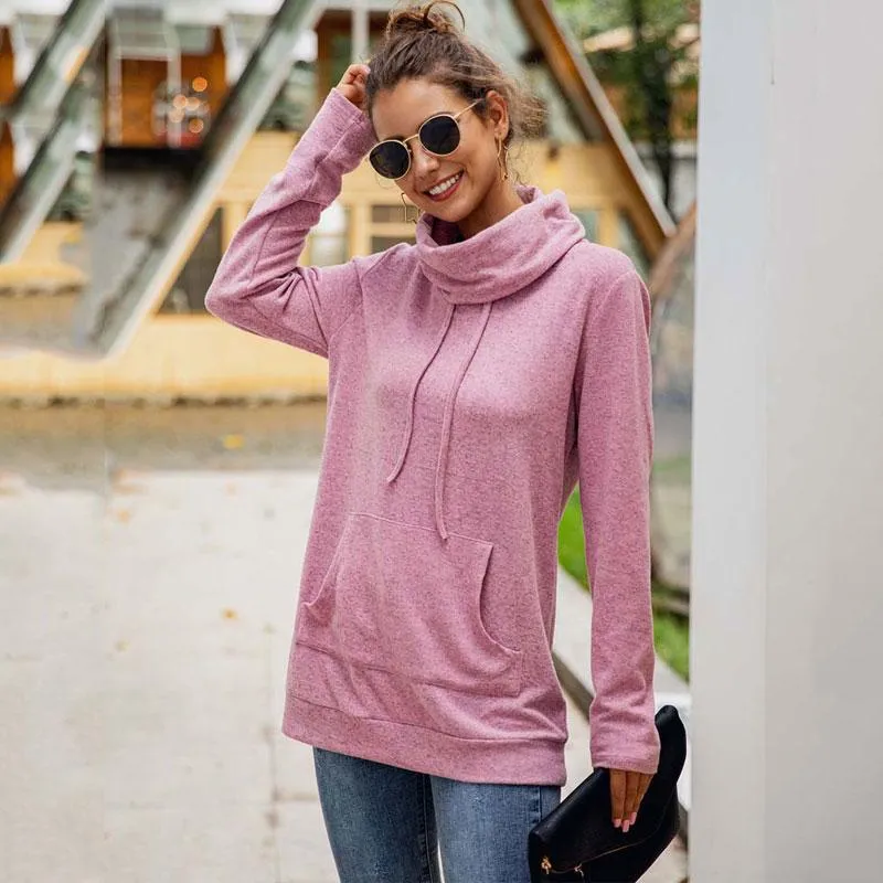 Hoodies das mulheres moletons 2021 outono camisola cor-de-rosa mulheres luva longa pescoço alto feminino para moda inverno suor-camisa com capuz senhoras