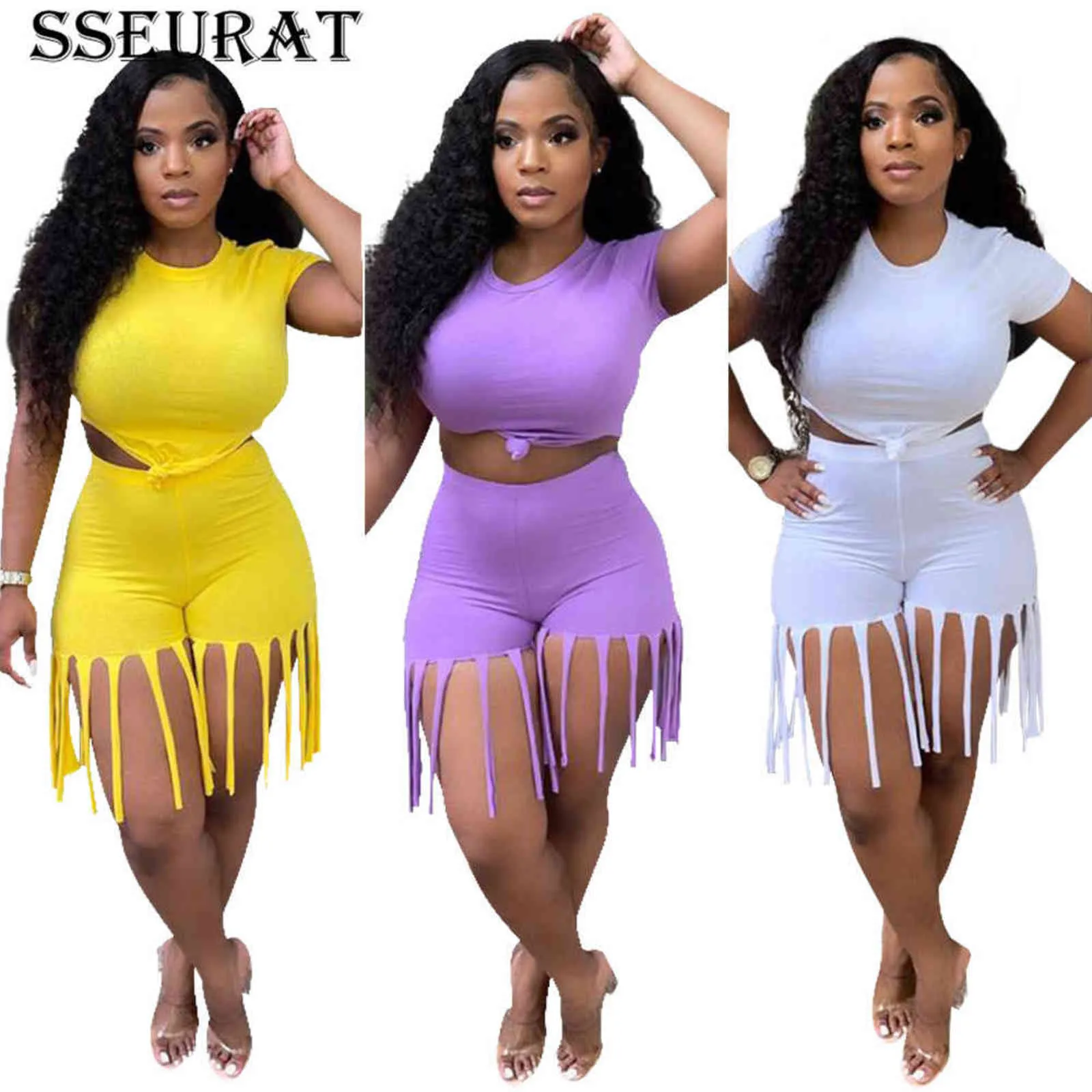 SSEURAT Dames Solid Tweedelige Set Korte Mouw T-shirt Crop Top Tassel Shorts Casual Active Fitness Pak Vrouwelijke Outfits 211116