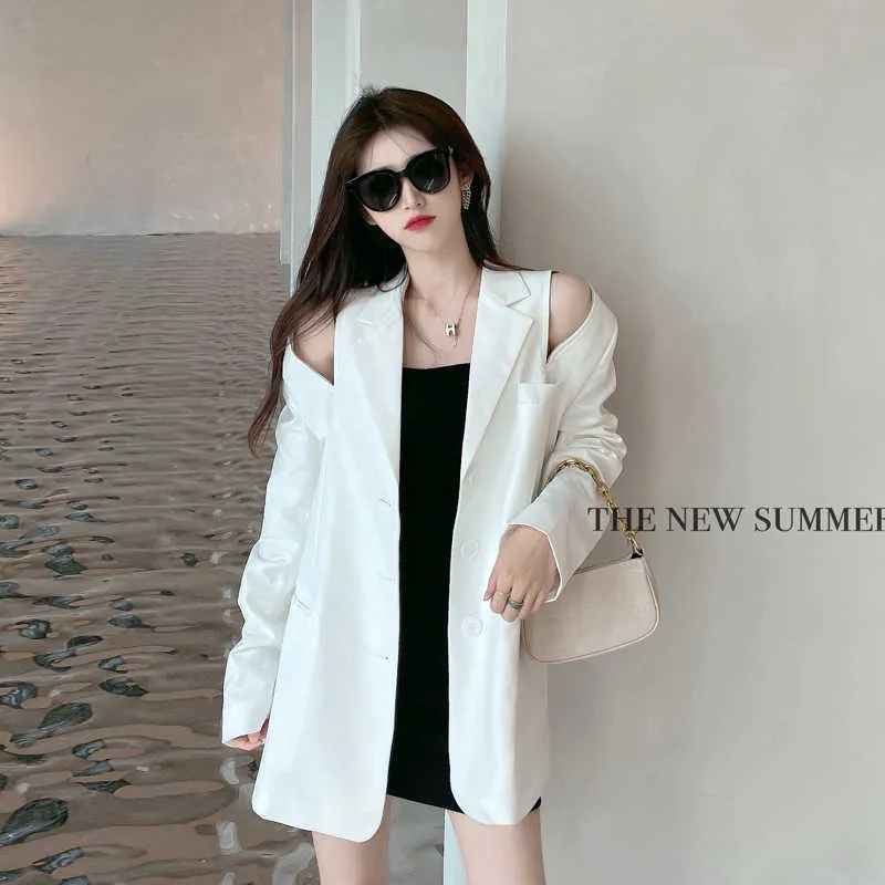 Notched Collar Elegant Office Ladies Workwear Blazer Långärmad Passform Sexig Hole 2020 Kvinnor Höst Sommar Blazer Vit X0721