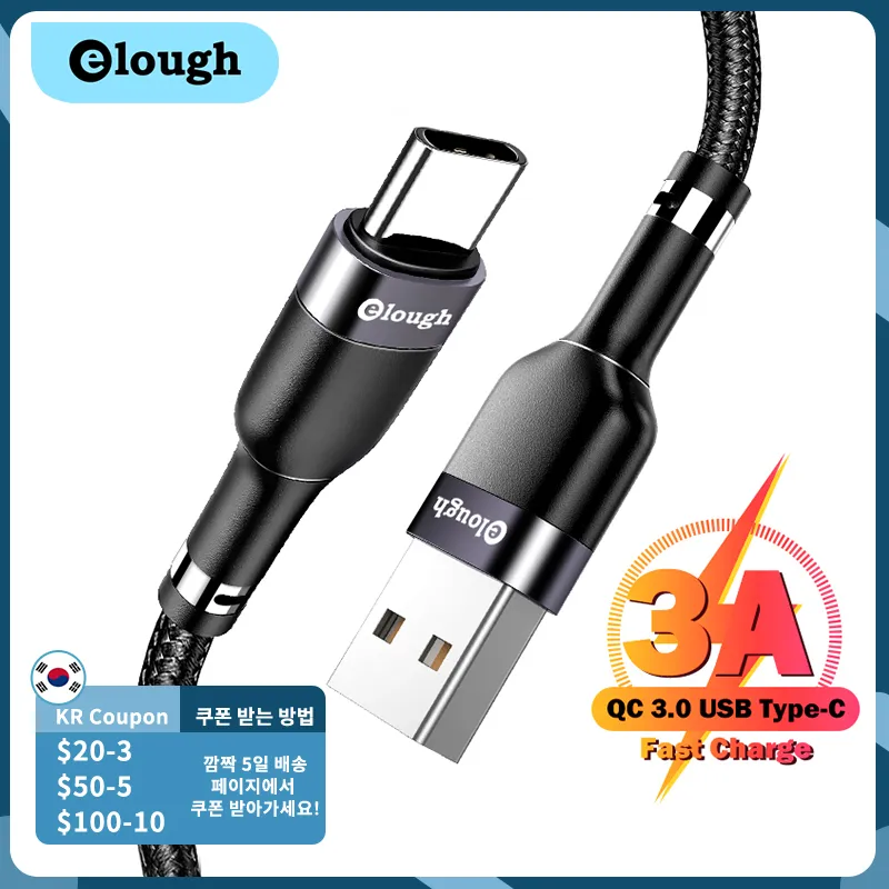 Cables de teléfono celular Elough USB Tipo C Cable 3A Rápido para Xiaomi Redmi Poco X3 Samsung S20 S21 Teléfono móvil 3M