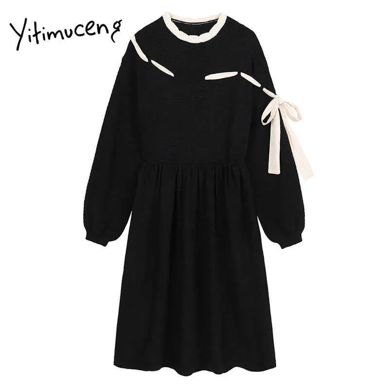 Yitimuceng Bow Vestidos Mujeres A-Line Sólido Negro Primavera O-Cuello Alto Cintura Alta Manga Larga Brocado Ropa Oficina Lady Moda 210601