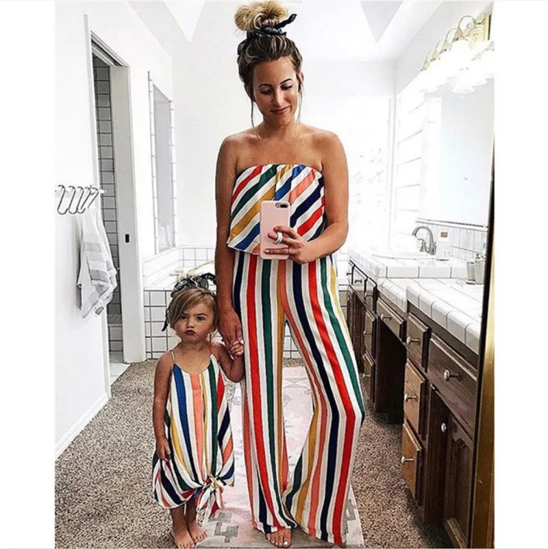 Passende Familienoutfits Mama und ich Kleidung Mädchenkleid Streifen ärmellos Bandeau Strampler Mutter Tochter Kleider Damen Kinderkleidung