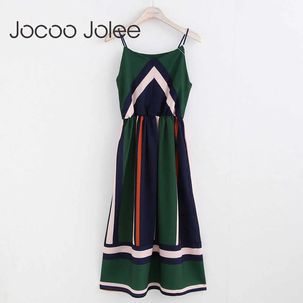 Jocoo Jolee Casual Striped Print Women Beach Sukienka z spaghetti Pasek niezależny w stylu ludowym sukienkę z O-Neck 210619