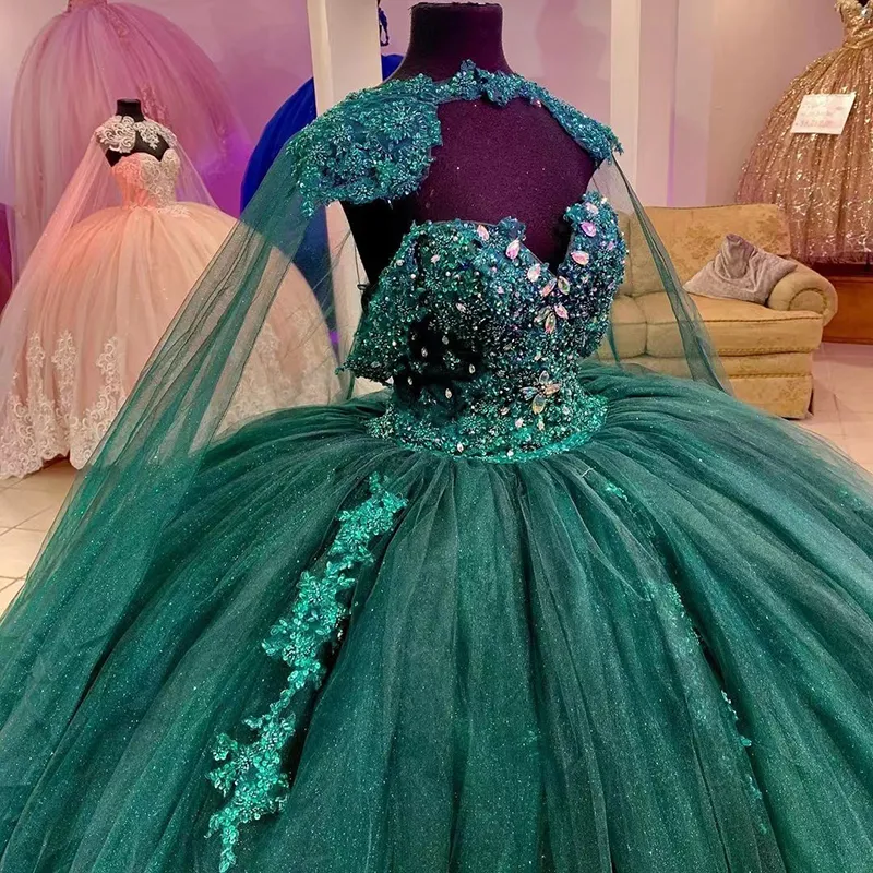 Abito da principessa verde Quinceanera, abito da ballo, paillettes, applique, vestido messicano, stile dolce 15, abito da ballo con ordito
