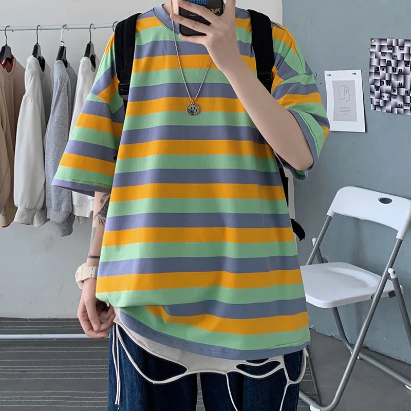 Mäns Casual Oversize Stripe T-shirts 2021 Modeflickor Toppar Koreanska Streetwear Man Kläder Hip Hop