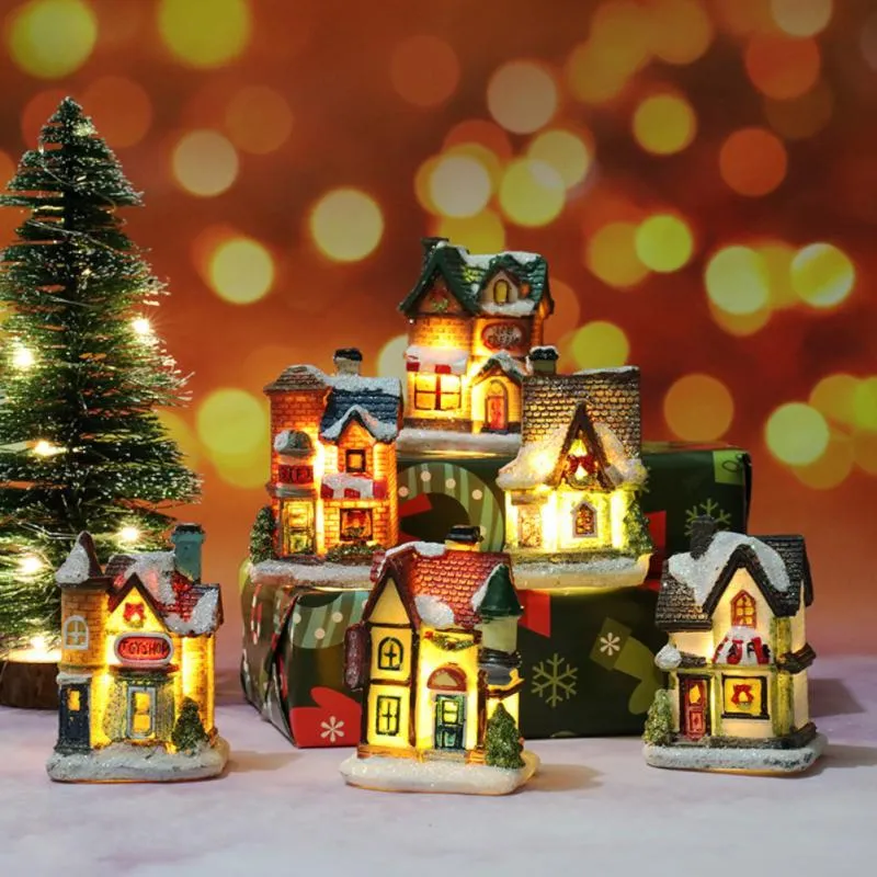 Christmas Decorations 1pcs Resin House Ornament Micro Landscape LED Light Xmas Village Decorative Party Home Decoration Gift