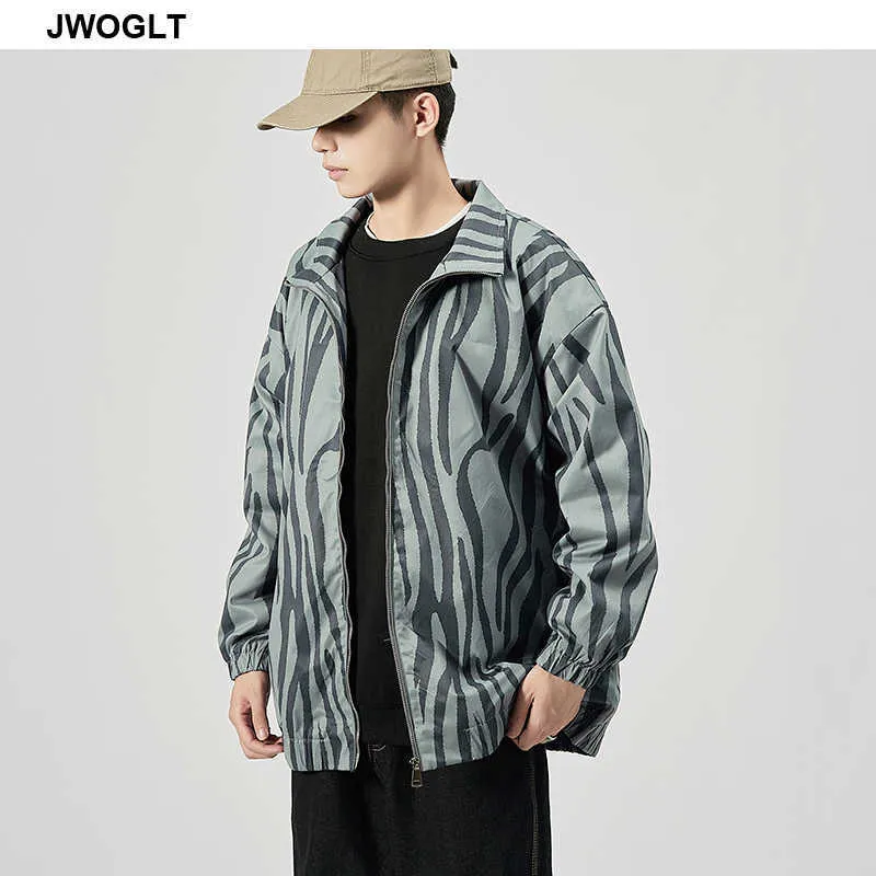 Youth Men Bomber Jacket Loose Long Sleeve Windbreaker Zipper Zebra Striped Jackets Coats Male Outwear Brand Clothing 210528