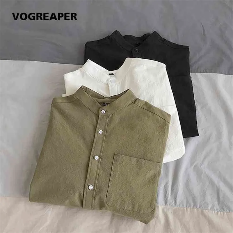 Design simple Couleurs solides Chemises à manches longues Mode coréenne Col Mandarin 100% coton Blanc Chemise noire Douce et confortable 210705