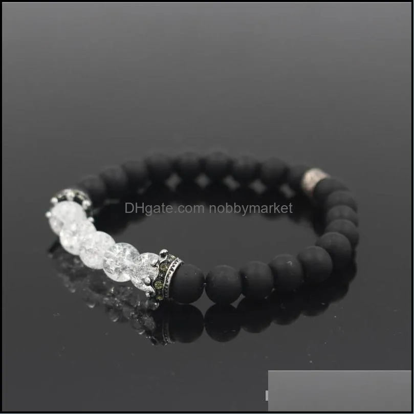 Natural Stone Crown Beads Bracelet For Women Pave Zircon Men Antique Silver Color Stretch Bead Bracelets Men`s Bead Jewelry