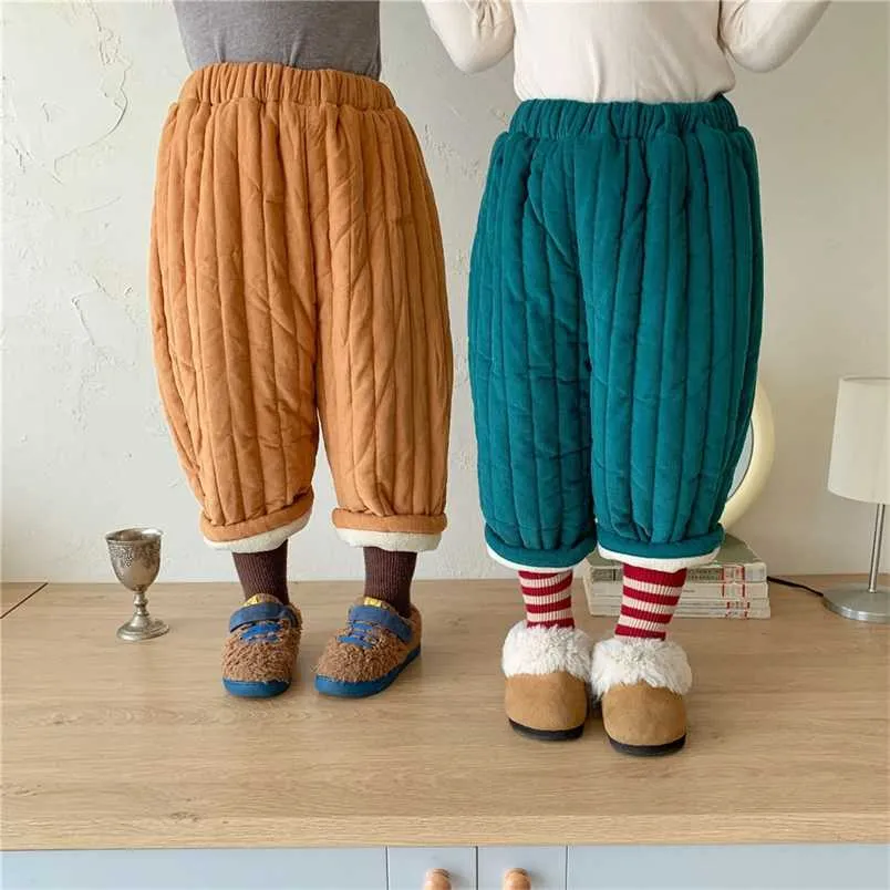 冬のユニセックスソリッドカラーコーデュロイキルティングズボン2-6年男の子と女の子ファッションルーズフリース厚さ股関節ズボン211224