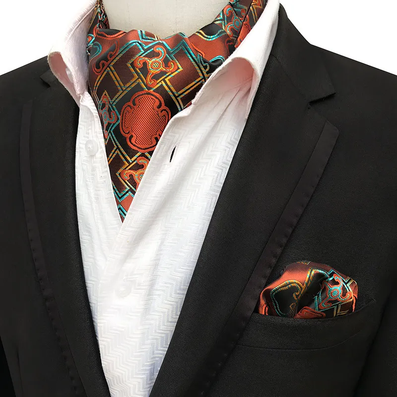 Män Jacquard Pocket Square Groom Bröllop Tuxedo Cravat Ascot Scrunch Necktie Paisley Floral Geometrisk Neck Tie Handkerchief Set