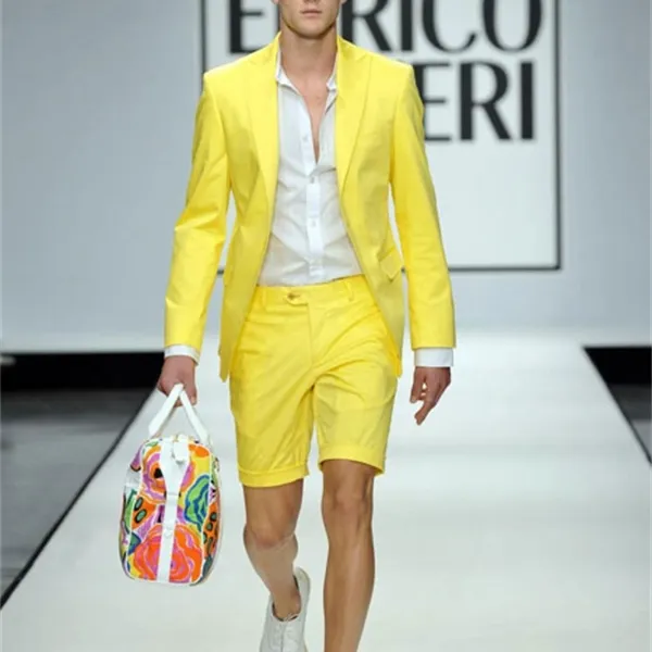 Żółte męskie garnitury z krótkimi spodniami 2 sztuka (kurtka + spodnie + krawat) lato stylowy bal weselny Casual Style Slim smokingi dla pana młodego Blazer X0608
