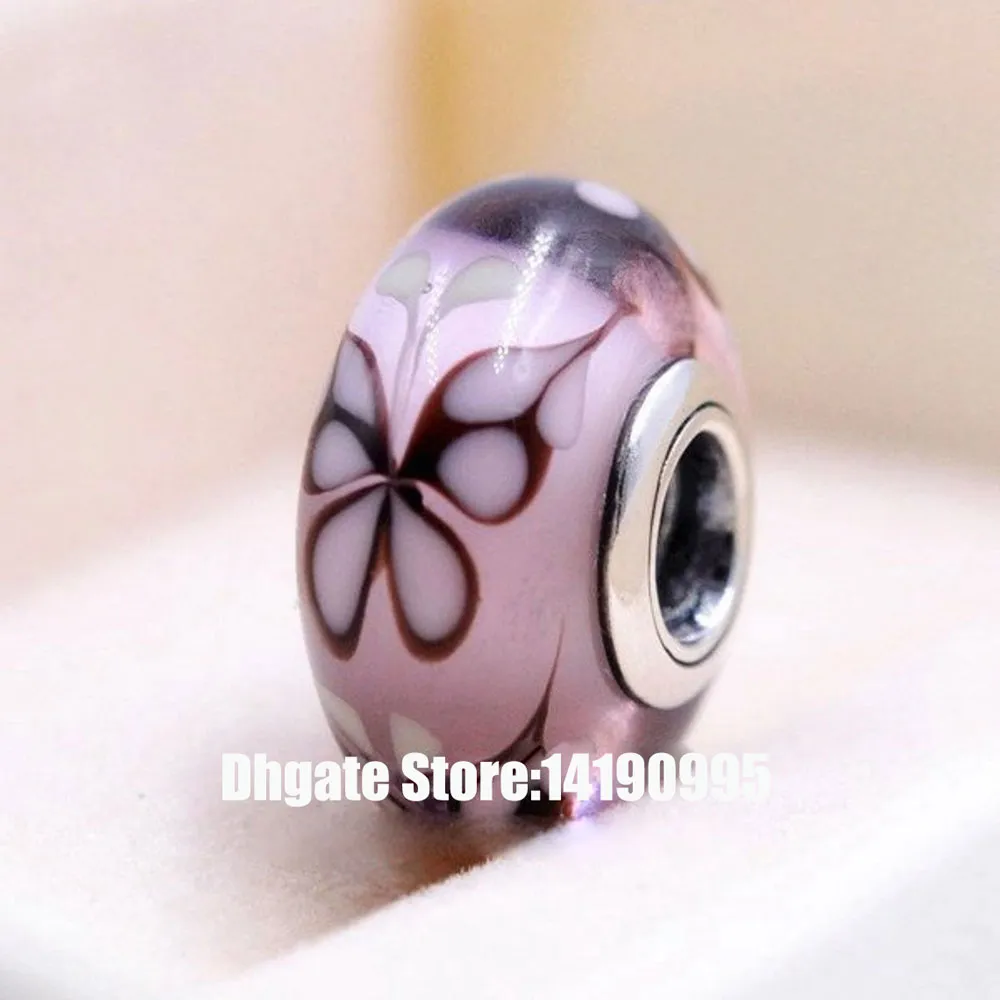 2 pcs 925 Sterling prata rosqueado rosa borboleta beijos Murano vidro miçangas caber europeu pandora jóias charme braceletes colar