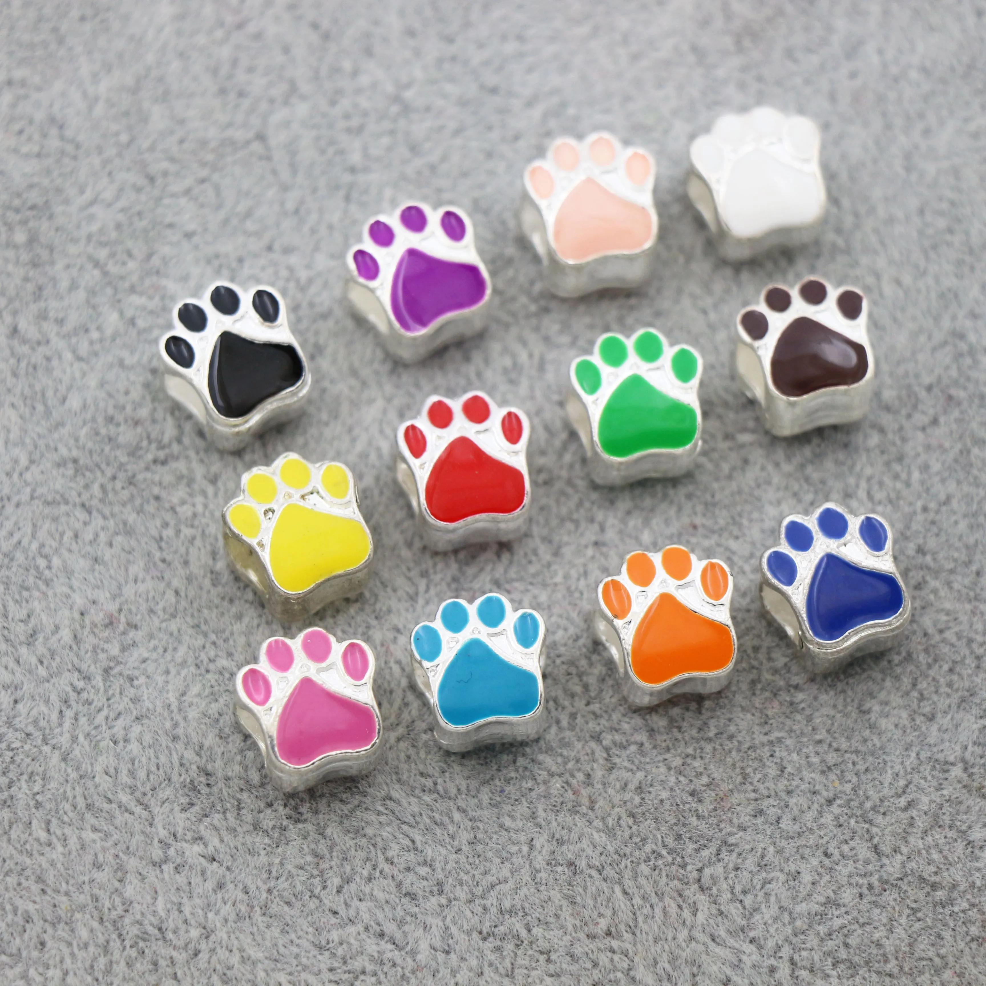 Enamel Bear Paw Print Alloy Big Hole Loose Beads 12Colors Silver Plated Bead Fit European Bracelets L1770