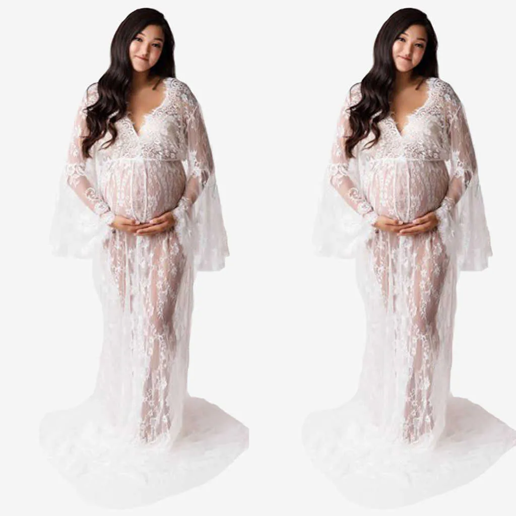 Women Maternity Dresses Pregnants Photography Props Pagoda Long Sleeve V-neck Summer Dress Lace Sexy Dress For Pregnant Women Q0713