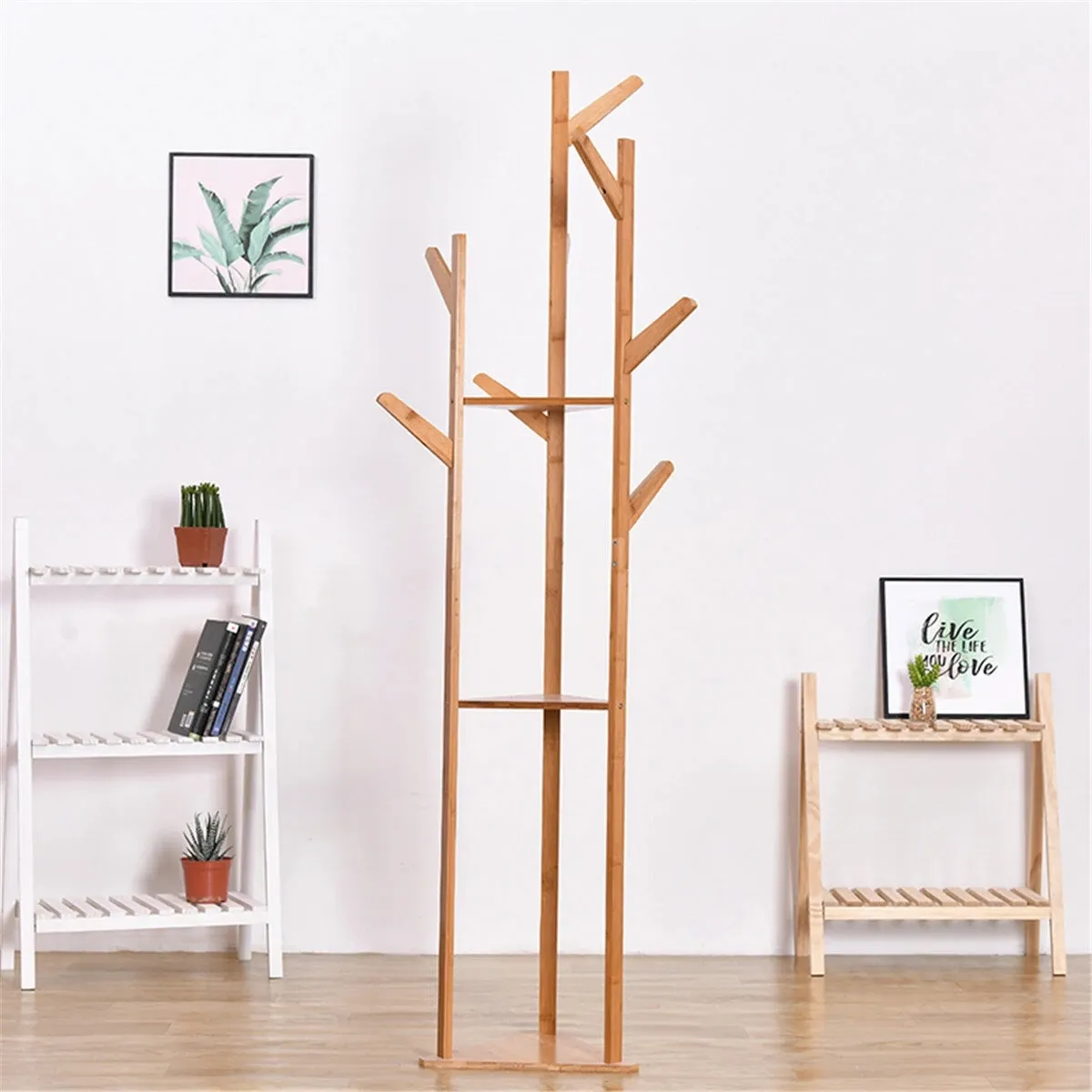 Bamboo Wooden Clothes Rail Garment Hanging Shelf Trigonal Base