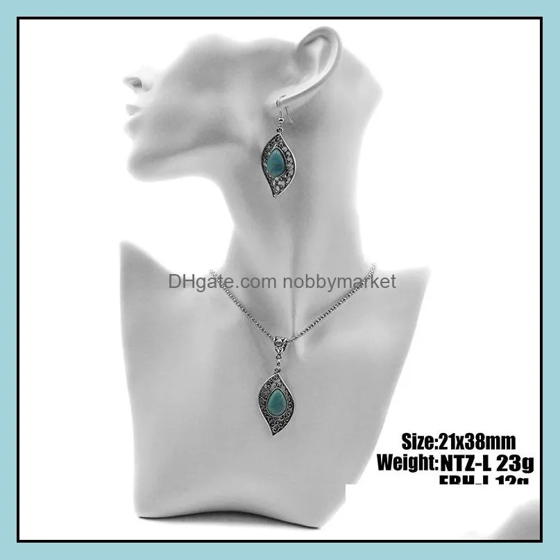 Fashion Turquoise jewelry necklace earrings set Antique Silver leaves Turquoise Pendant necklaces+earring jewelry 2pcs Set for women