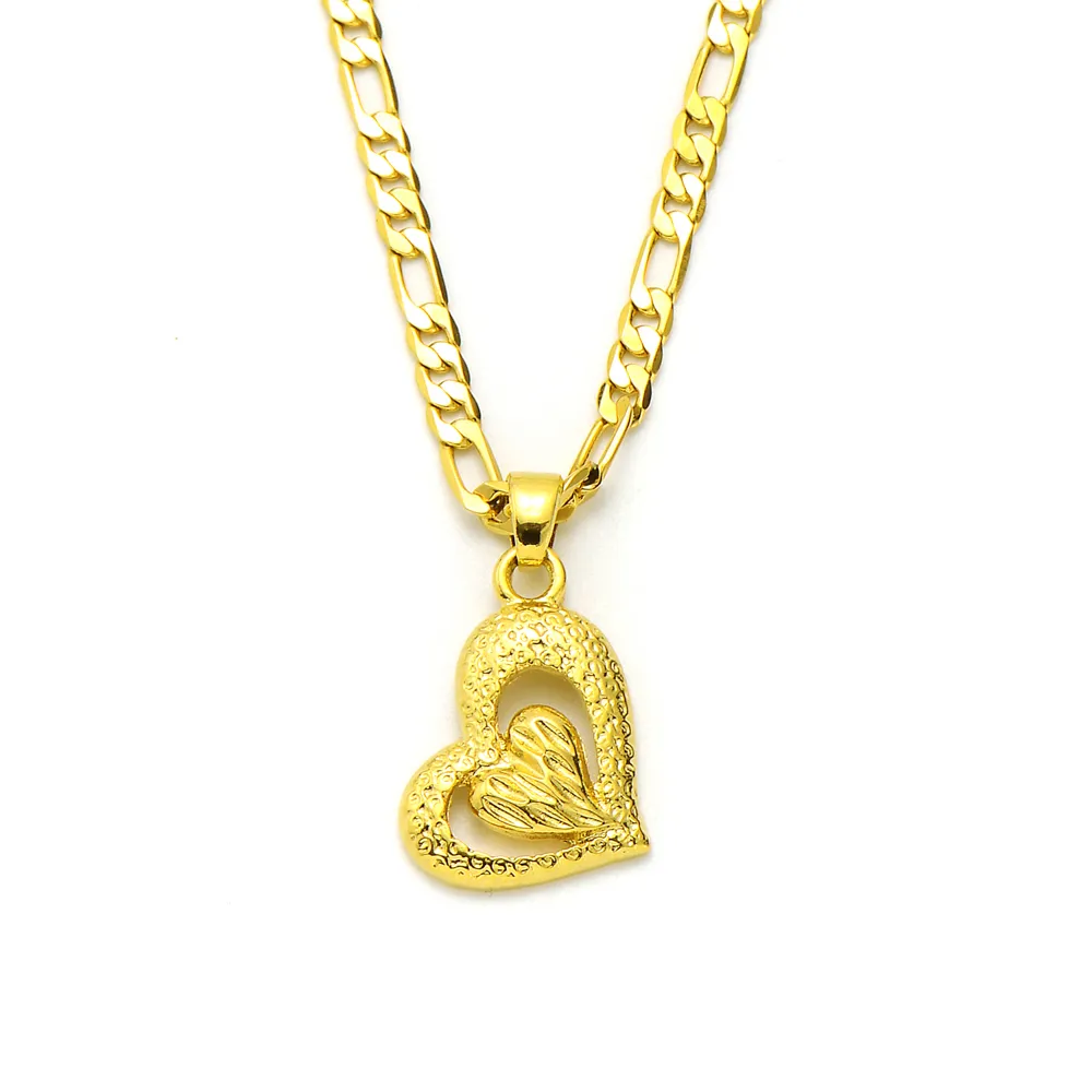 Vogue girl inside outside Heart Pendant 14k Solid Yellow Gold GF Italian Figaro Link Chain Necklace 24" 3 mm