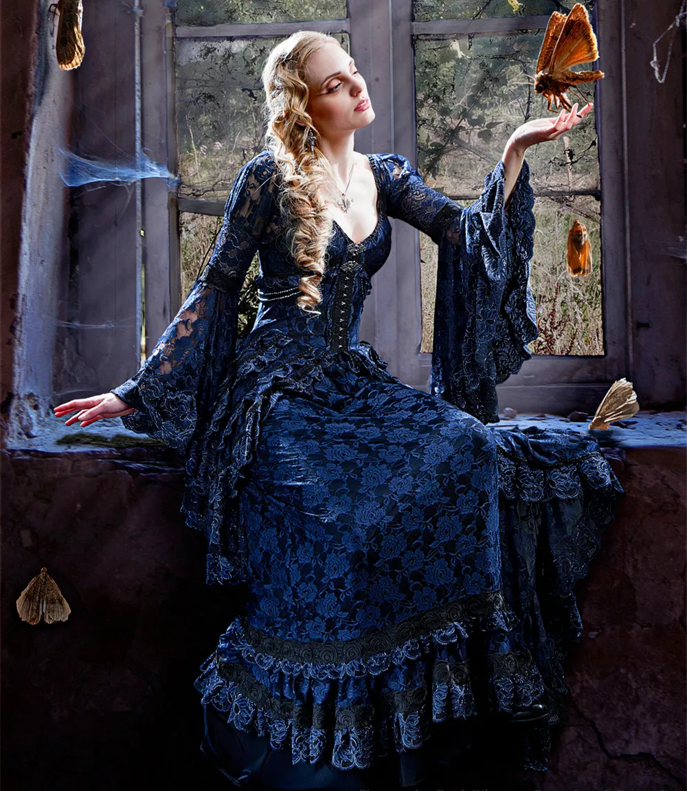 エレガントなビクトリア朝のゴシックドレス：ブラックレースVネック