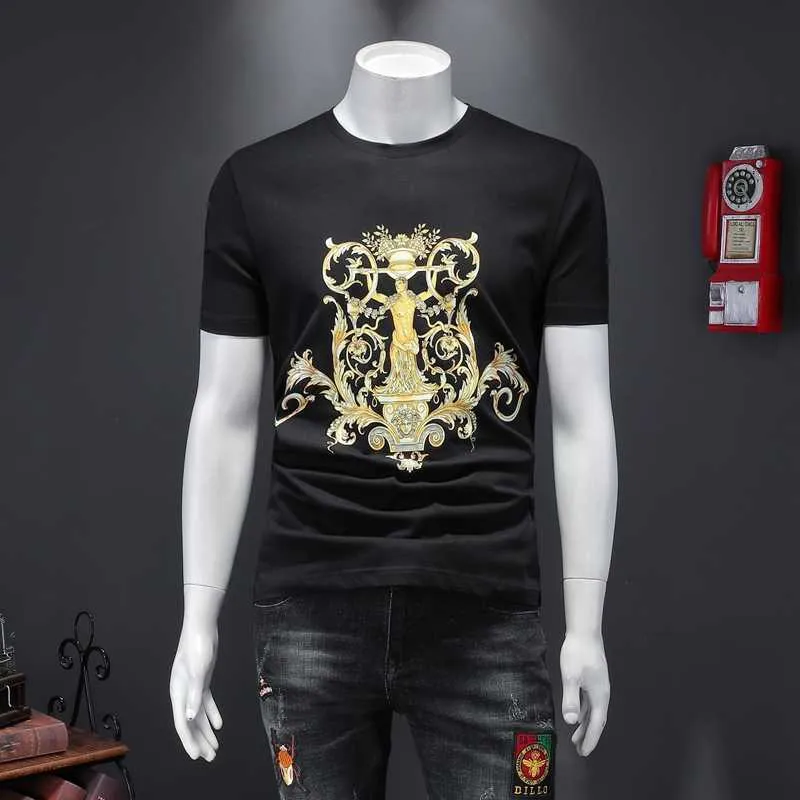 100% algodão camiseta Homens Luxo Gold Impressão O-Pescoço Tops Tees Verão Respirável Casual camisetas Streetwear Plus Size 5XL 210527