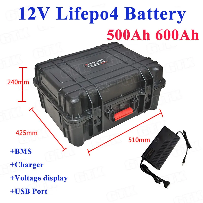 Batteria al litio impermeabile 12V 500Ah 600Ah Lifepo4 con BMS per camper con accumulo di energia solare veicolo turistico + caricabatterie 20A