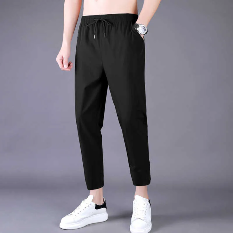 Mäns sommar tunna byxor koreanska trend nio raka rör lösa is silke elastiska sweatpants för pojkar vår och höst student x0723