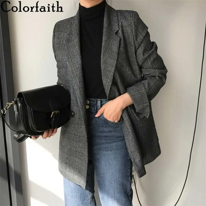 colorfaith 겨울 봄 여성의 블레이드 도중 가슴 주머니 공식 재킷 체크 무늬 겉옷 탑스 JK7113 211006