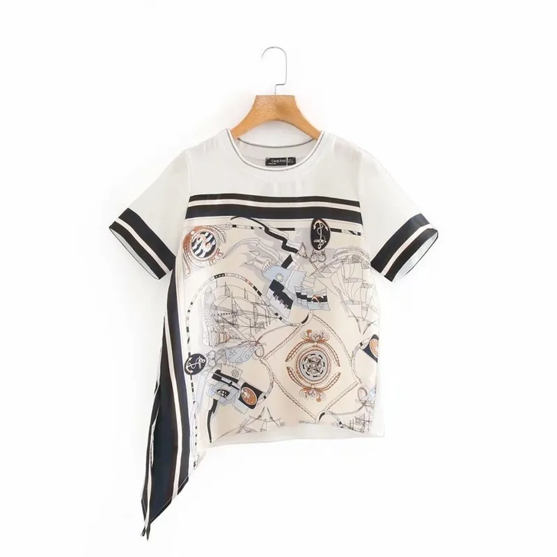 새로운 여성 패션 아트 패턴 인쇄 캐주얼 티셔츠 여성 O 넥 짧은 소매 스트라이프 T 셔츠 세련된 레저 브랜드 T656 210310