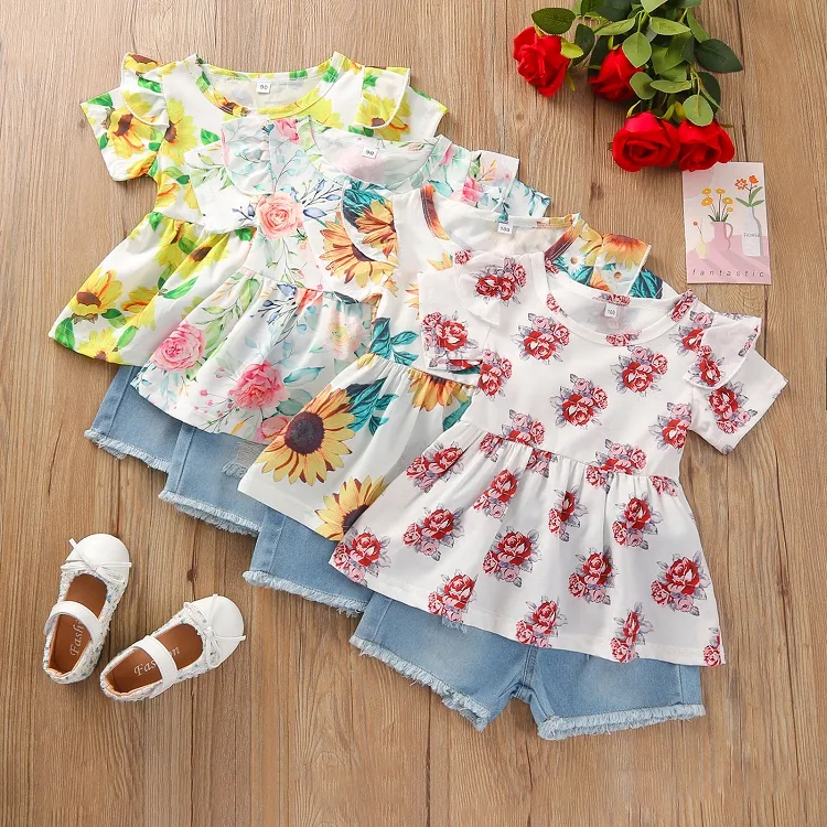 Bebê Floral Roupas Conjunto de Verão Meninas de Manga Curta Flor Impressão Topo + Denim Shorts Crianças Roupas M3578