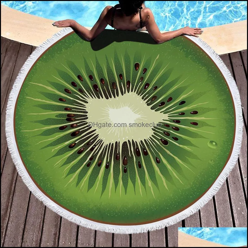 Watermelon Orange Microfiber Round Beach Towel Fruit Thick Shower Bath Towels Summer Swimming Circle Mat With Tassels 500g