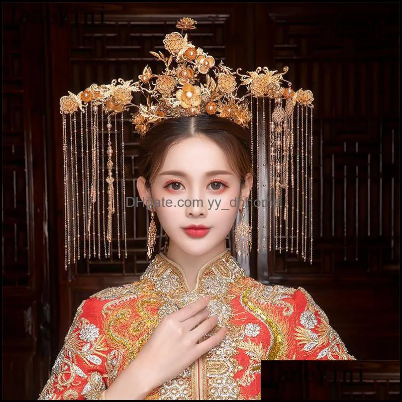 Hårklipp Barrettes smycken janevini kinesisk stil hyperbolisk bröllop imperial krona lyxig guld långa tofs pärlor brud pannband ea