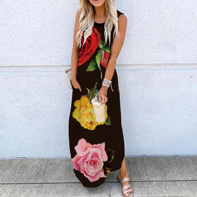 Abiti casual Boho Summer Dress Womens Floral Rose Stampato Robe Femme Senza maniche Beach Long Maxi Abiti Donna Allentato Sundress 2021