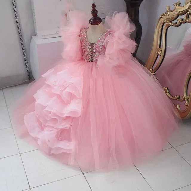 핑크 레이스 크리스탈 2021 꽃 소녀 드레스 공 가운 얇은 소녀 웨딩 드레스 저렴한 친교 미인 드레스 가운 ZJ737