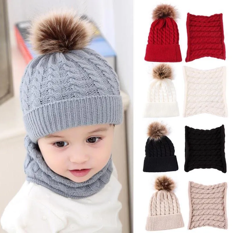 2pcs/lot Winter Knitted Fluffy Ball Hat Caps Toddler Baby Girl Boys Beanies Warm Soft Scarf Wrap Neck Bib Plush Hat 0-2Years