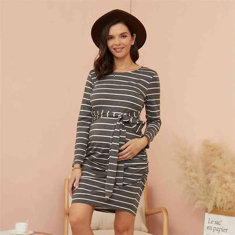 ArrivalMaternity Round collar Stripes Plain Dark Grey Short H Long-sleeve Dress 210528