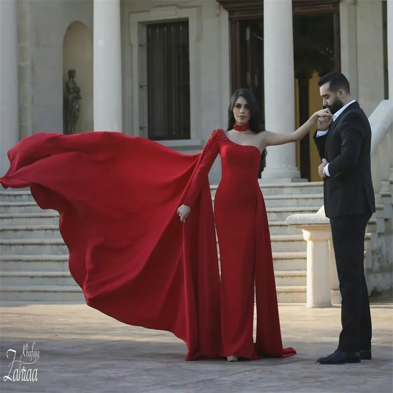 Venda quente Vestidos de noite vermelhos com envoltório contas de luxo cristal mangas compridas sereia vestidos de baile de baile feito sob encomenda feitos personalizados festa de trem robe de mariée