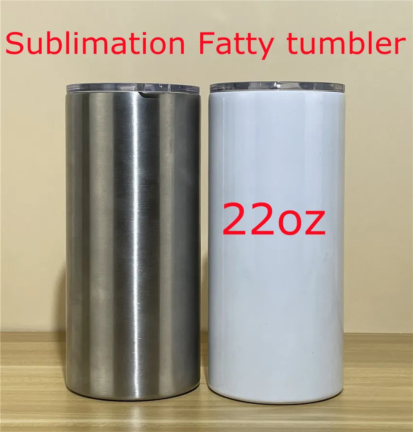 22oz Sublimation Straight Fatty Tumbler Blank tumblers sealed lid Stainless Steel Travel mugs Double Insulated Portable Water beer tea drinking Bottles