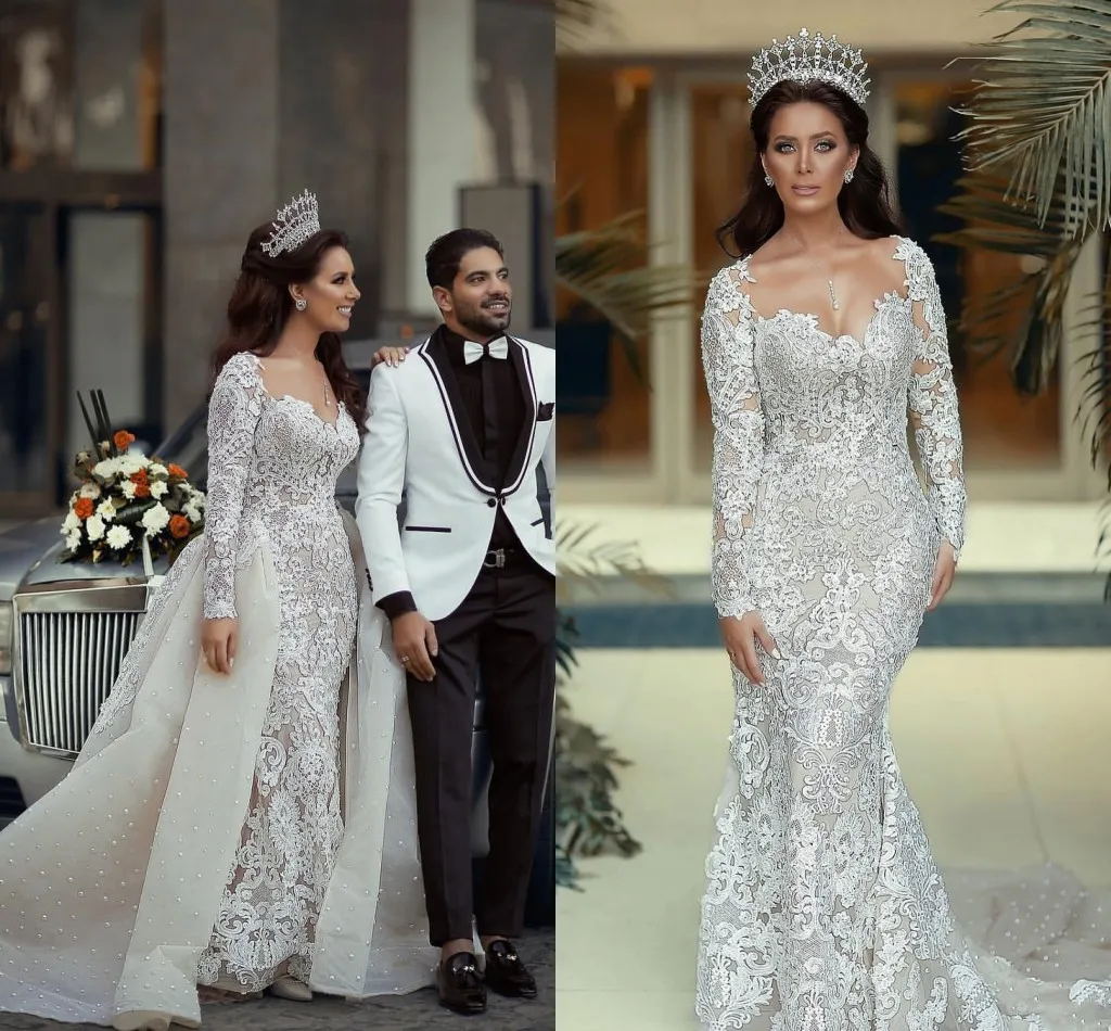 Ilusão manga comprida sereia vestidos de casamento com trem destacável luxo laço pérolas árabe aso ebi princesa vestido vestido vestido