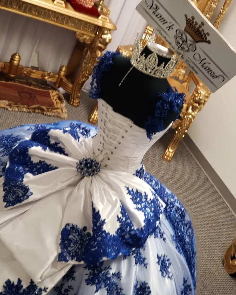 Custom-made Royal Blue and White Blue quinceanera Ball Gown with Satin Lace Applique, Beading, and Crystal Embellishments