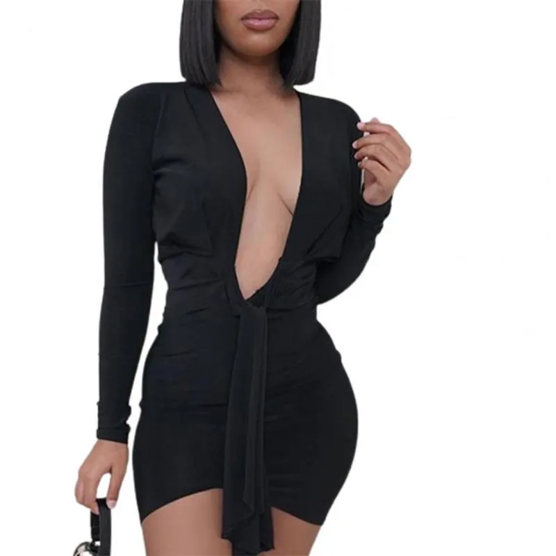 Casual Dresses Women Dress Fashion Elegant Sexy Low-cut Deep V-neck Solid Color Skin-friendly Female Long Sleeve Tight Mini Robe Femme