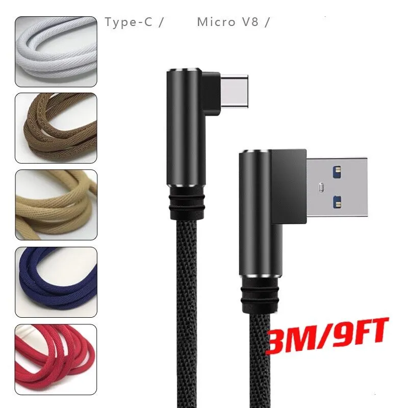 3M/9FT 2A double courbure type-c câbles de charge Micro USB pour téléphone Android cordon de chargeur rapide câble coudé à 90 degrés