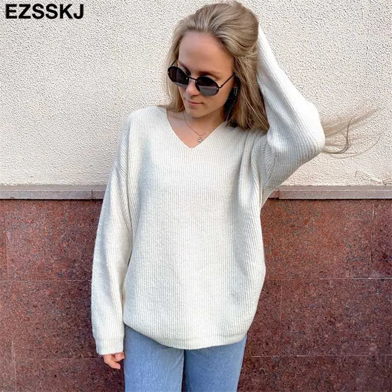 Basic Tjock Loose V-Neck Oversize Sweater Pullover Kvinnor Höst Vinter Casual Långärmad För Kvinnor Chic Jumpers Topp 211018