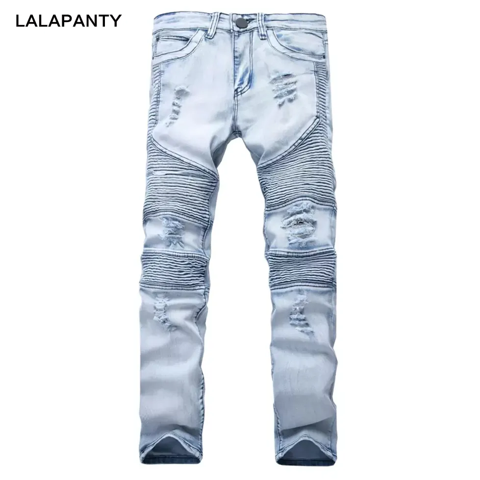 LALAPANTY 의류 청바지 slp 블루/블랙 파괴 남성 슬림 데님 스트레이트 바이커 스키니 진 남성 찢어진 청바지 바지