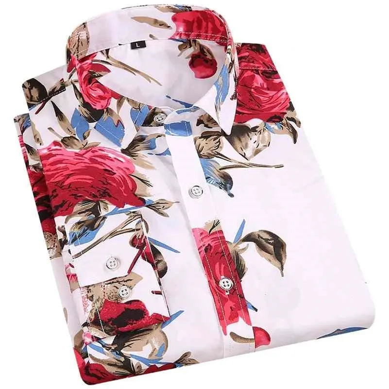 남자 꽃 프린트 셔츠 긴 소매 캐주얼 꽃 인쇄 100 % 폴리 에스터 소프트 얇은 편안한 버튼 하와이 드레스 셔츠 210705